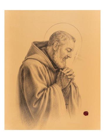 Padre Pio in Gebed – Druk op Leder 84,50 x 68,00 cm -, Antiek en Kunst