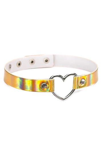 KIMU® Choker Iridescent Goud Hartje Holografisch Collar Kett, Kunststof, Verstelbaar, Nieuw, Ophalen of Verzenden