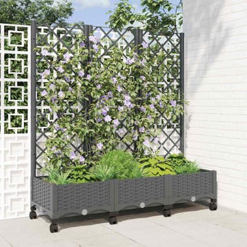 vidaXL Tuinplantbak met schutting en wielen Lichtgrijs PP, Verzenden, Nieuw, Minder dan 60 cm