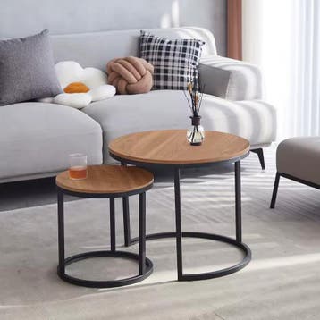 Nieuw 2-Delige Nordic Salontafel Set – Metaal + Eikenhout, Overige houtsoorten, 50 tot 100 cm, Verzenden, Rond