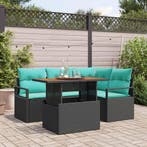 vidaXL Tuin Eetset met kussen 5 pcs Zwart en Blauwgroen, Verzenden, Nieuw, Rotan, 5 zitplaatsen