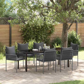vidaXL Tuin eettafelset 7 st Zwart en Grijs PE Rattan, Verzenden, Nieuw, Rotan, 7 zitplaatsen