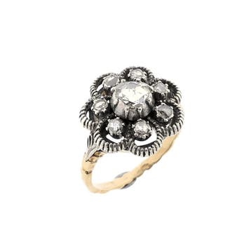 Gouden Victoriaanse ring met roos geslepen diamanten; Ca...., Gebruikt, Overige kleuren, Ophalen of Verzenden, 17 tot 18