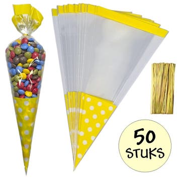 Fako Bijoux - 50x Cellofaan Puntzakken Gele Stippen 37x18cm, Diversen, Verzenden, Nieuw