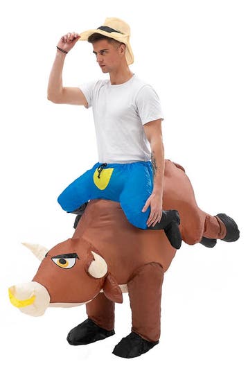 KIMU® Opblaas Kostuum Zittend Op Stier Cowboy Opblaasbaar Pa, Carnaval, Nieuw, Overige maten, Ophalen of Verzenden