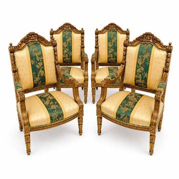 Four Large Louis XVI Style Carved and Giltwood Armchairs -
