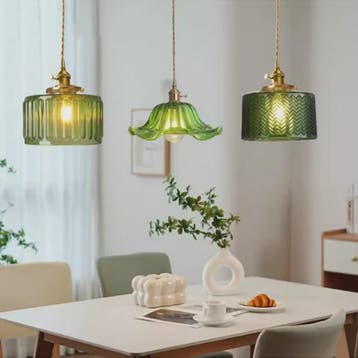 Vintage Groene Glazen Hanglamp - Nordic Stijl, Koperen Accen, Verzenden, Nieuw