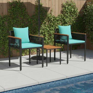 vidaXL Buitenmeubelset met kussen Zwart en Turquoise poly, Verzenden, Nieuw, Rotan, 3 zitplaatsen