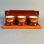 Rek - Vintage - Oranje emaille Zand, Zeep, Soda bakjes met