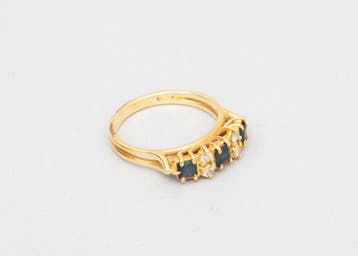 18k geelgouden ring bezet met diamanten en saffieren., Sieraden, Tassen en Uiterlijk, Gebruikt