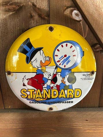 Rond metalen reclamebord met Donald Duck, Dagobert Duck en, Nieuw