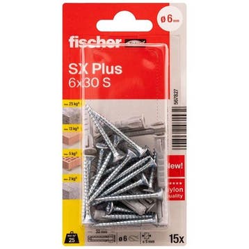 Spreidplug met schroef | Fischer | 15 stuks (6x30, PZ2), Verzenden, Nieuw