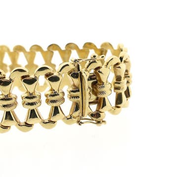 Gouden fantasieschakel armband (Schakelarmband), Ophalen of Verzenden, Gebruikt, Goud, Goud