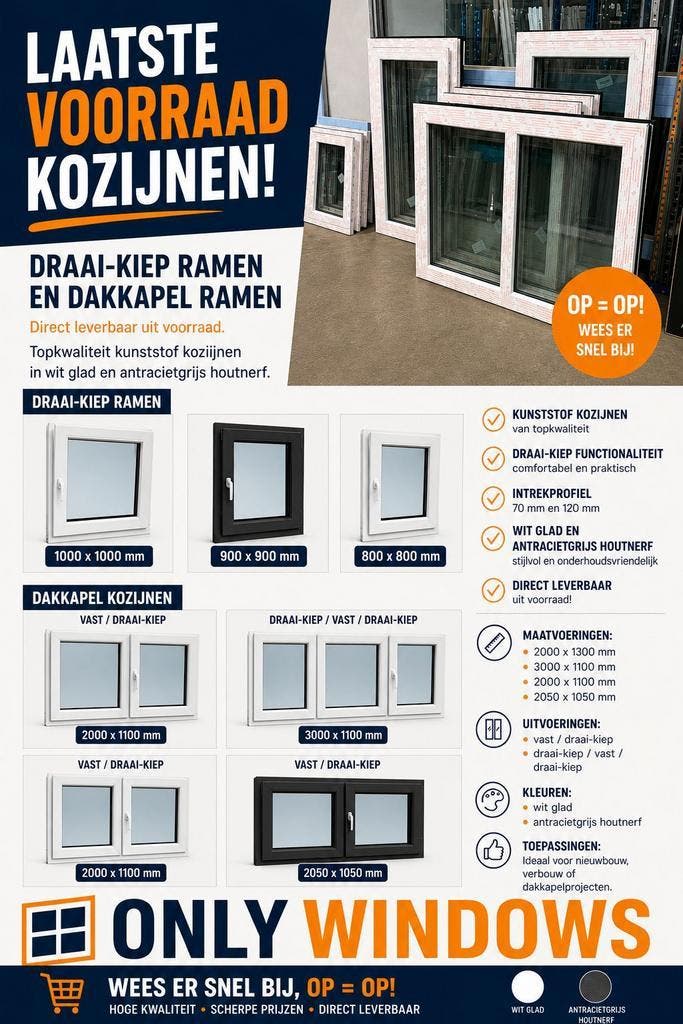 Only Windows: voorraad kozijnen!, Doe-het-zelf en Verbouw, Kozijnen en Schuifpuien, Raamkozijn, Nieuw, Inclusief glas, Kunststof
