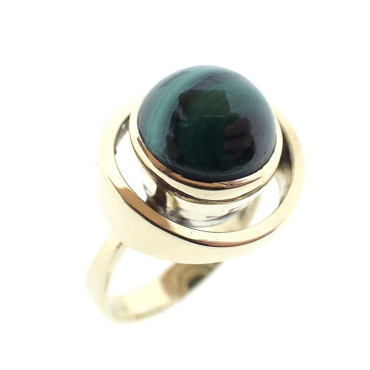 Gouden dames ring met malachiet, Sieraden, Tassen en Uiterlijk, Ringen, Dame, Met edelsteen, Overige kleuren, 17 tot 18, Gebruikt