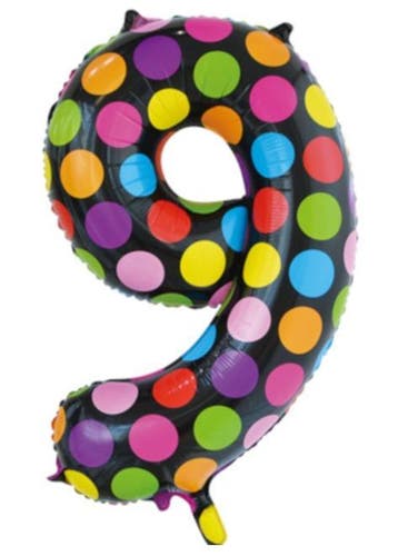 Folie Ballon Cijfer 9 gekleurd stippen 86 cm, Verzenden, Nieuw, Feestartikel, Verjaardag