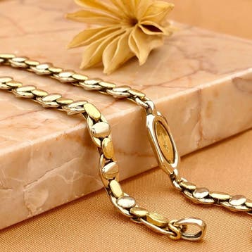 Bicolor gouden fantasieschakel armband (Schakelarmband), Ophalen of Verzenden, Gebruikt, Goud, Goud