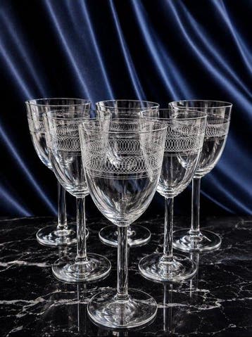 Wijnglas (6) - guilloché - gegraveerd kristal - Art Deco