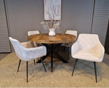 Combideal eetkamerset: ronde eettafel Mangohout 120 cm met 4, Ophalen of Verzenden, Nieuw