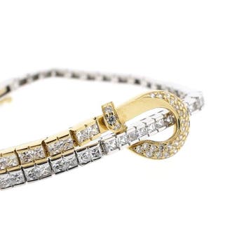 Bicolor gouden staafjesschakel armband met zirconia, Sieraden, Tassen en Uiterlijk, Gebruikt, Ophalen of Verzenden, Met edelsteen