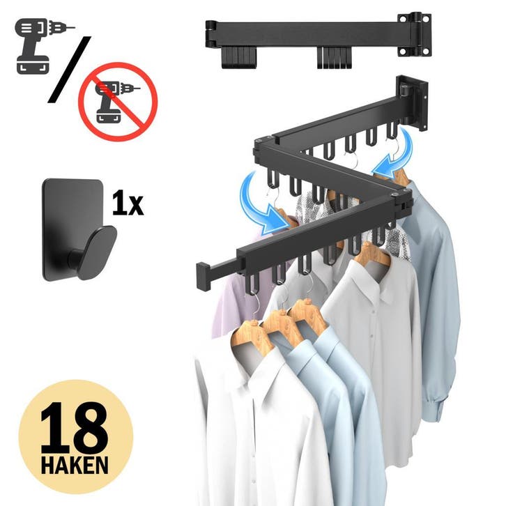 PLAY IT Wanddroogrek 127cm Inklapbaar 18 Haken Zwart Wasrek, Tuin en Terras, Droogmolens en Wasrekken, Wasrek, Nieuw, Verzenden