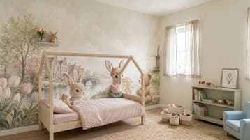 Dieren behang babykamer – fotobehang met hertje en konijn, Verzenden, Fotobehang