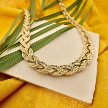 Gouden gevlochten vossenstaart schakelcollier (Ketting), Ophalen of Verzenden, Gebruikt, Goud, Goud