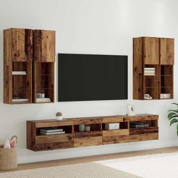 vidaXL TV Wandkast Set met LED Lichten 7 st Oudhout Bewerkt, Minder dan 50 cm, Verzenden, Nieuw, Minder dan 100 cm