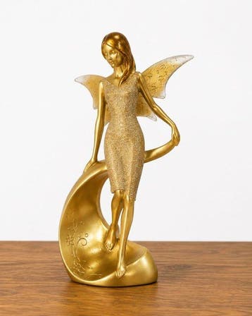 sculptuur, Elegant Golden Fairy with Glitter Dress and, Antiek en Kunst