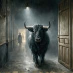 John Joseb Art glasschilderij Spaanse zwarte stier in hal, Verzenden, Nieuw, Schilderij, 50 tot 75 cm