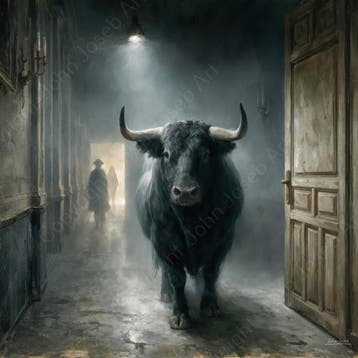 John Joseb Art glasschilderij Spaanse zwarte stier in hal, Verzenden, Nieuw, Schilderij, 50 tot 75 cm