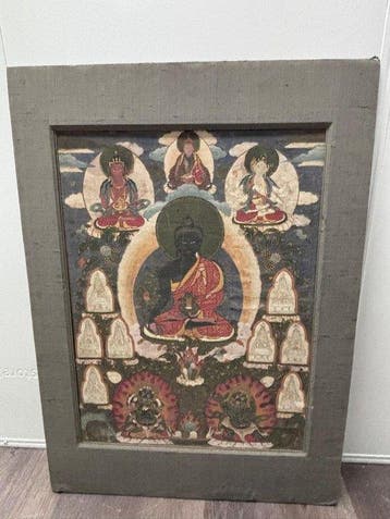 Een uitzonderlijk zeldzame tibetaanse thangka uit de 18e/19e, Antiek en Kunst