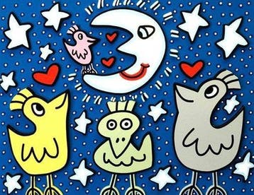 James Rizzi (1950-2011) - The Birds Love The Moon - Framed
