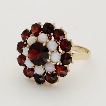 Ring - 14 karaat Geel goud Granaat - Opaal, Sieraden, Tassen en Uiterlijk, Ringen, Nieuw