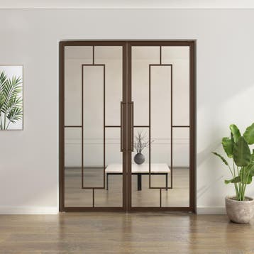 Dubbele stalen taatsdeur - Brons - 5 Vlaks - Helder glas, Nieuw, Metaal, Overige typen, 200 tot 215 cm