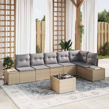 vidaXL Tuinbankenset met opslag Beige en Licht Grijs poly, Verzenden, Nieuw, Rotan, 7 zitplaatsen