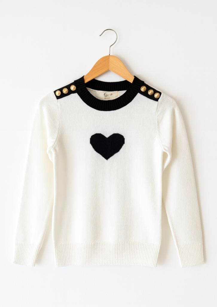 Meisjestrui – Wit met zwart hart en gouden knopen.|NIEUW, Kinderen en Baby's, Kinderkleding | Maat 140, Meisje, Nieuw, Trui of Vest