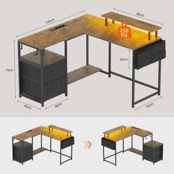 L-Hoekbureau met LED, 3 Stopcontacten, 2 USB-poorten, 2 Lade, Verzenden, Nieuw