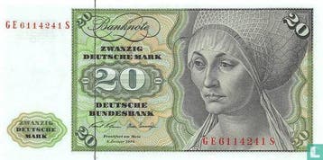 Duitsland 20 Deutsche Mark - 1970, Postzegels en Munten, Bankbiljetten | Europa | Niet-Eurobiljetten, Verzenden, Duitsland, Los biljet