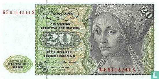Duitsland 20 Deutsche Mark - 1970, Postzegels en Munten, Bankbiljetten | Europa | Niet-Eurobiljetten, Los biljet, Duitsland, Verzenden