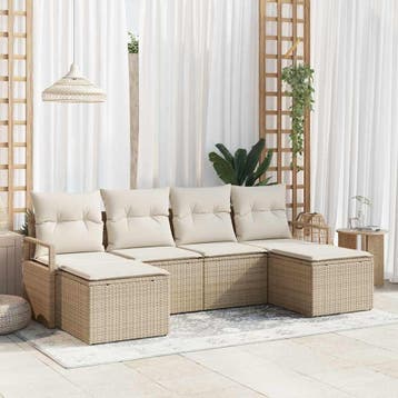 vidaXL Bankstel 6 st Beige en Crème poly rattan, Verzenden, Nieuw, Rotan, 6 zitplaatsen