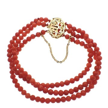 Bloedkoraal kralen armband met gouden slot (Schakelarmband), Gebruikt, Ophalen of Verzenden, Met edelsteen, Goud