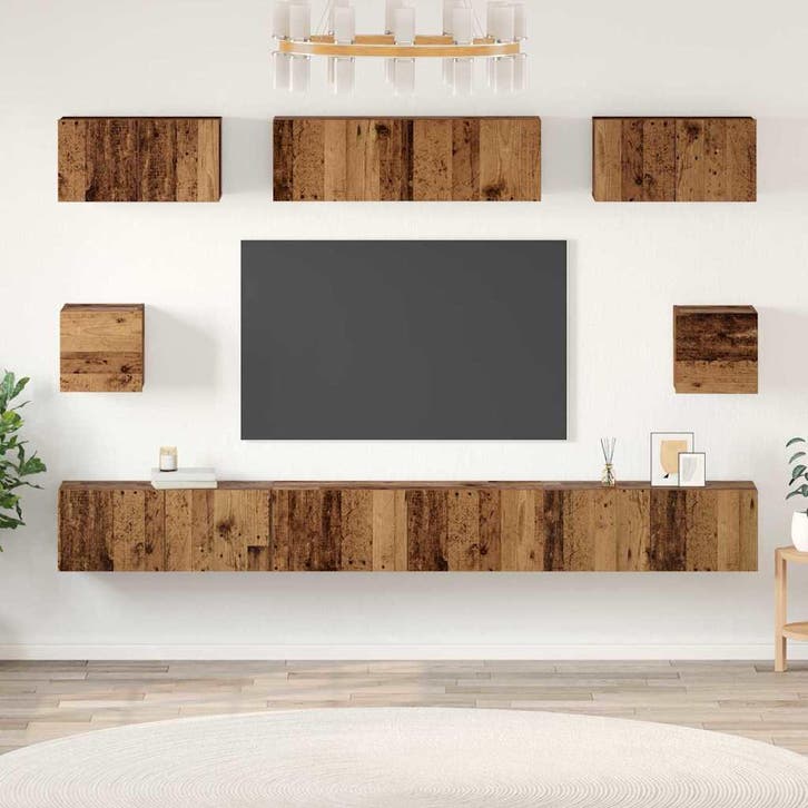 vidaXL Tv-meubelset Wandgemonteerd 8 pcs Oud Hout Bewerkt, Huis en Inrichting, Kasten | Televisiemeubels, Nieuw, Minder dan 50 cm