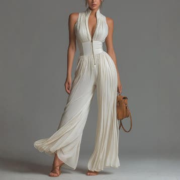 Elegante Dames Jumpsuit met Plooien, Wijde Pijpen en Opstaan, Verzenden, Nieuw
