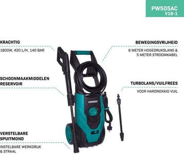 2dekans | VONROC Hogedrukreiniger V18-1 1800W – 140 bar –, Ophalen of Verzenden, Zo goed als nieuw