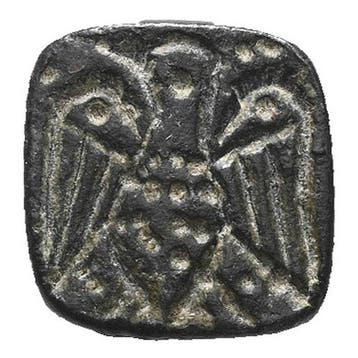 Byzantijns -zegel van brons met kegelvorm en reliëf van de