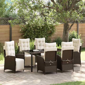 vidaXL Tuin eettafelset met kussen 7 pcs Bruin poly rattan, Verzenden, Nieuw, Rotan, 7 zitplaatsen