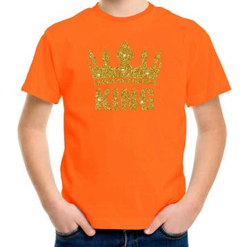 Oranje King gouden glitter kroon T-shirt  kinderen - Konin.., Ophalen of Verzenden, Nieuw