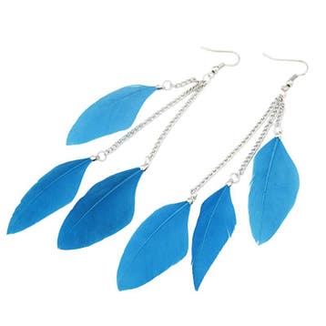 Fako Bijoux - Oorbellen - Veren Trio Smal - Blauw, Verzenden, Nieuw