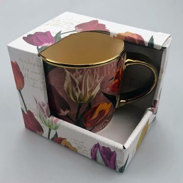 Beker - Mok pretty tulips roze/goud keramiek incl luxe kadov, Ophalen of Verzenden, Nieuw